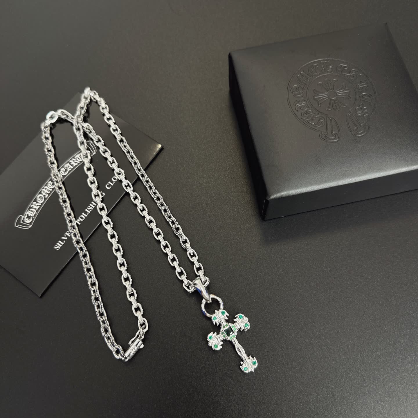 Chrome Hearts Silver Cross Pendant with Emerald Accents